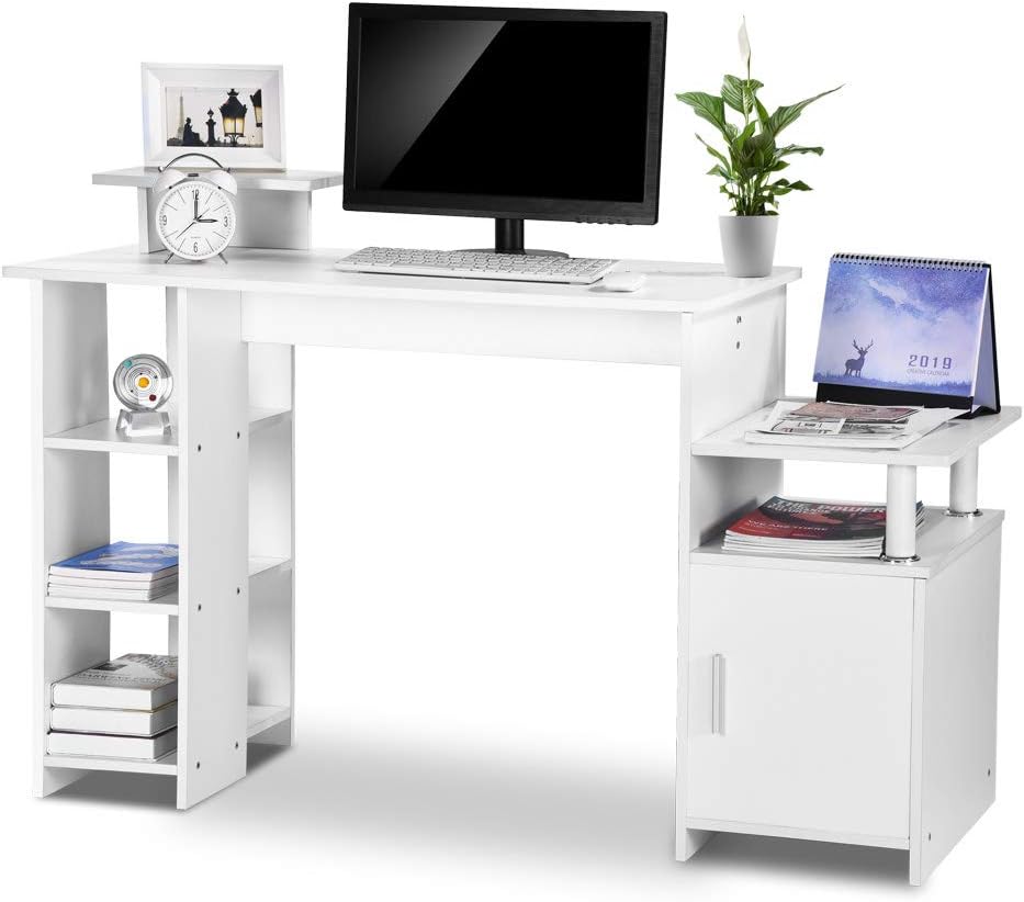 Exblue Computer Desk/Student PC Workstation Laptop Table and Storage Unit Combo Ideal Desktop for any Size Computers and Laptops, White