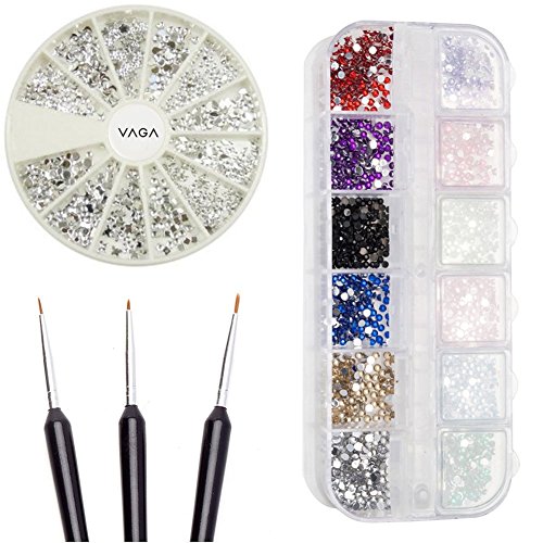 High Quality Professional Nail Art Accessories Set of Silver Gems / Rhinestones / Crystals In Different Shapes, Nailart Gemstones Mixed Colors in Case And Fine Detail Wooden Nailart Brushes By VAGA