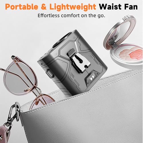 RAOUOEN 20000mAh Portable Waist Fan, Clip-On Wearable Belt Fan with 5-Speed 20000RPM Motor, Neck Hanging & Desktop Personal Fans, 60H Runtime, Hands-Free Mini Fans for Camping, Worksite, Outdoor Use
