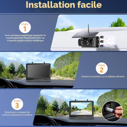 VASTEND Camera de Recul sans Fil Solar avec Moniteur 9" 1080P, 10000mAh Magnétique Rechargeable Batterie, Installation Rapide, Nocturne Nocturne, pour Camions, Camping Car, Caravane(VS-9A)