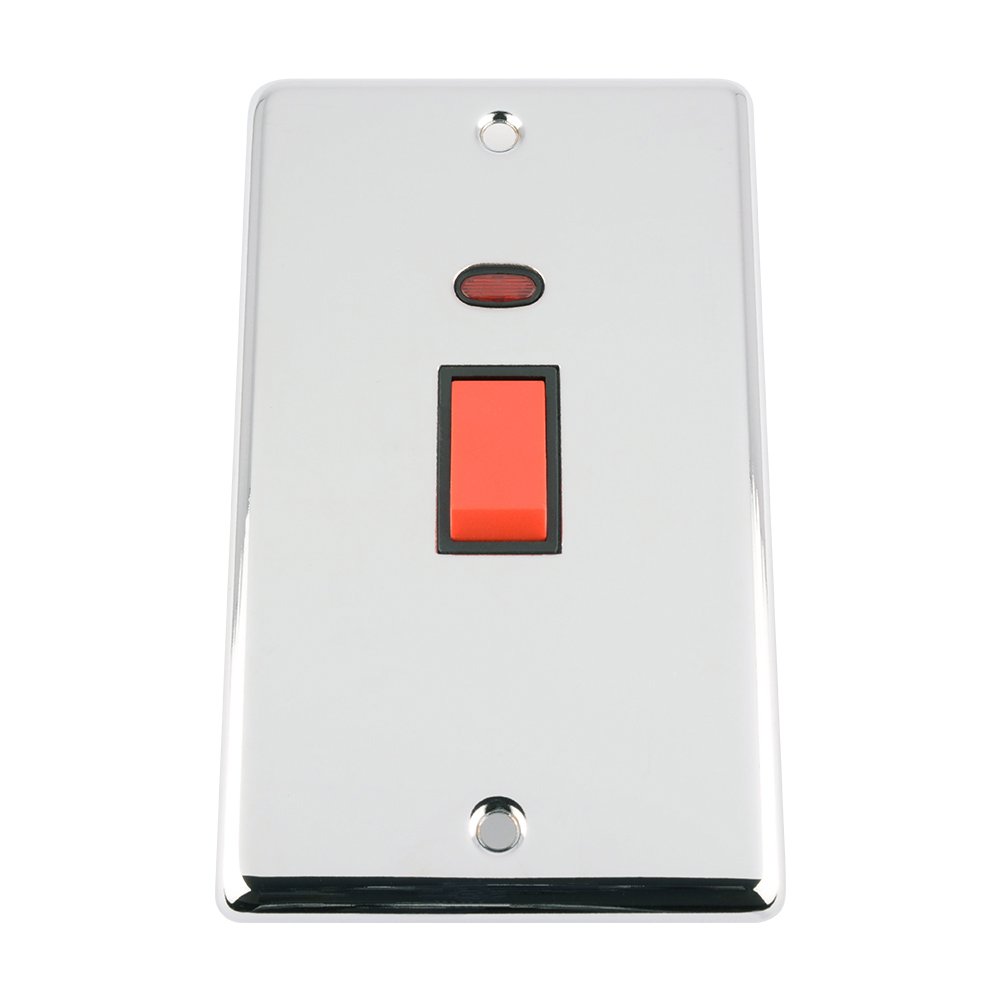 45A Cooker Switch w/Neon -Tall Plate - Polished Chrome Classic - Black Insert