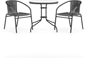 Flash Furniture 3-Piece Patio Dining Set with Round Glass Metal Table and 2 Stackable Rattan Chairs, Indoor/Outdoor Bistro Table and Chairs Set, Gray