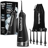 AquaSonic Aqua Flosser PRO - Rechargeable Electric Cordless Water Flosser for Teeth, Gums & Tongue - Waterproof Modern Design, 300ml Large Tank, 3 Modes, 6 Jet Tips, Deluxe Tongue Nozzle - Black