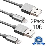 AOFU iPhone Cable,2Pack 10FT Nylon Braided Apple Lightning Cable USB Cord Charging Cable for iPhone 6/6S/6 Plus/6S Plus 5/5C/5S/SE,iPad 4/Mini/Air (Gray)