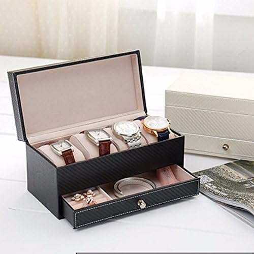 Soaptree Faux Leather Drawer Watch Box Glass Lid Jwewelry Organizer Display Storage Case for Men &amp; Women (4 slots)