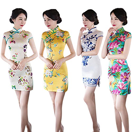 Meijunter Women Silk Short Cheongsam Floral Printed Slim Qipao Evening Dress