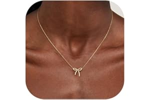 Risamil Gold Necklace for Women - Bow Necklace 14K Dainty Gold Necklace Cute Small Tiny Bow Pendant Choker Chain Necklace Tre