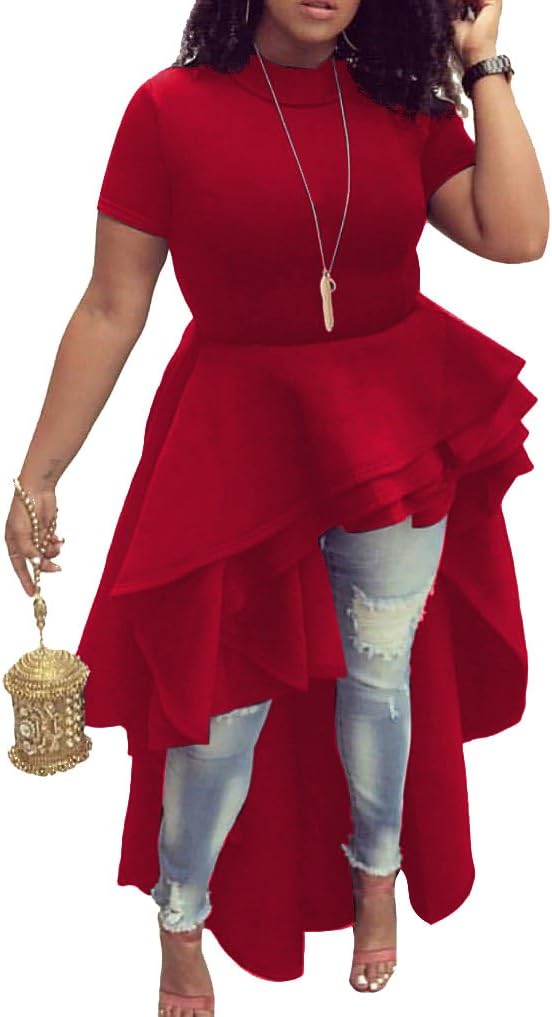 Womens Ruffle High Low Asymmetrical Short Sleeve Bodycon Tops Blouse Shirt Dress