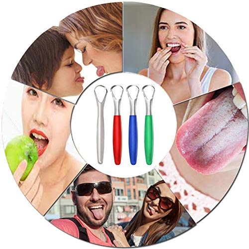 Tongue Scraper Cleaner Surgical Grade Stainless Steel (Pack of 4) - Tongue Cleaner for Adults, Kids, Men & Women - Cure Bad Breath with BPA-Free Metal Tongue Scrapers for Better Dental Hygiene