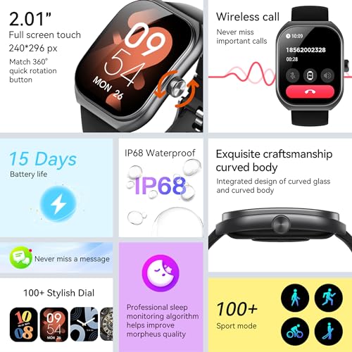 MYSHUN Reloj Inteligente Mujer con Llamadas, 2,01 Pulgada Smartwatch Hombre Deportivo con Podometro Pulsometro SpO2 Sueño Presion Arterial Actividad IP68 Reloj Digital para iOS Android (Negro)