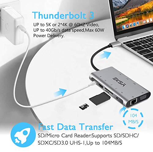 image for USB C Hub Adapter, EKSA 10 in 1 Thunderbolt 3 Type C Adapter Dock with