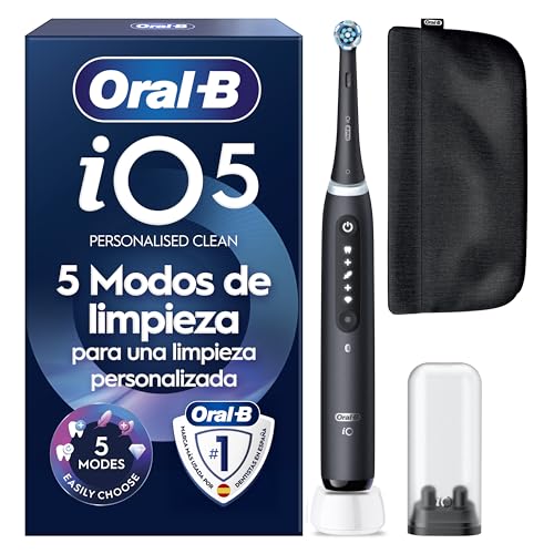 Oral-B iO 5N Cepillo de Dientes Eléctrico con 1 Cabezal, Negro - Cepillo Dental con Estuche de Viaje y Soporte para Cabezales, 5 Modos de Cepillado con Blanqueamiento Dental, Sensor de Presión