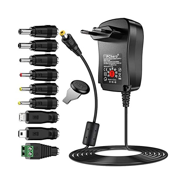 PChero 30W Universal AC/DC Adapter Schaltnetzteil mit 9pcs Adapter Tipps, enthält Mini & Micro USB Stecker, für 3V bis 12V Haushaltselektronik und LED-Streifen - 2000mA max