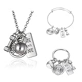 Gmai ME VS ME Workout Exercise Weight Lifting Barbell Kettlebell Fitness Silver Fitness Gym Barbell Plate Dumbbell Weight Jewelry Set Necklace Keyring bracelet