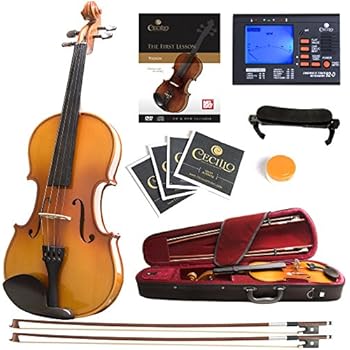 Mendini MV400 Ebony Fitted Solid Wood Violin with Tuner, Lesson Book, Hard Case, Shoulder Rest, Bow, Rosin, Extra Bridge and Strings - Size 4/4, (Full Size)