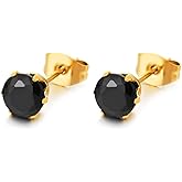 6MM Black Cubic Zirconia Stud Earrings Stainless Steel for Man Women, Gold Color, 1 Pair