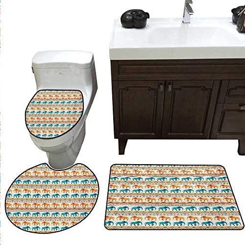 Elephant Bath mat Set with Toilet Cover Horizontal Borders with Exotic Animals Ethnic Geometric Orient Design Toilet Rug and mat Set Turquoise Orange Cream