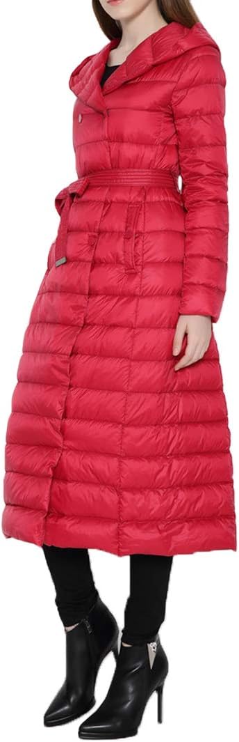 Alomoc Women's Long Hooded Jackets Coat Lightweight Packable Down with Belt