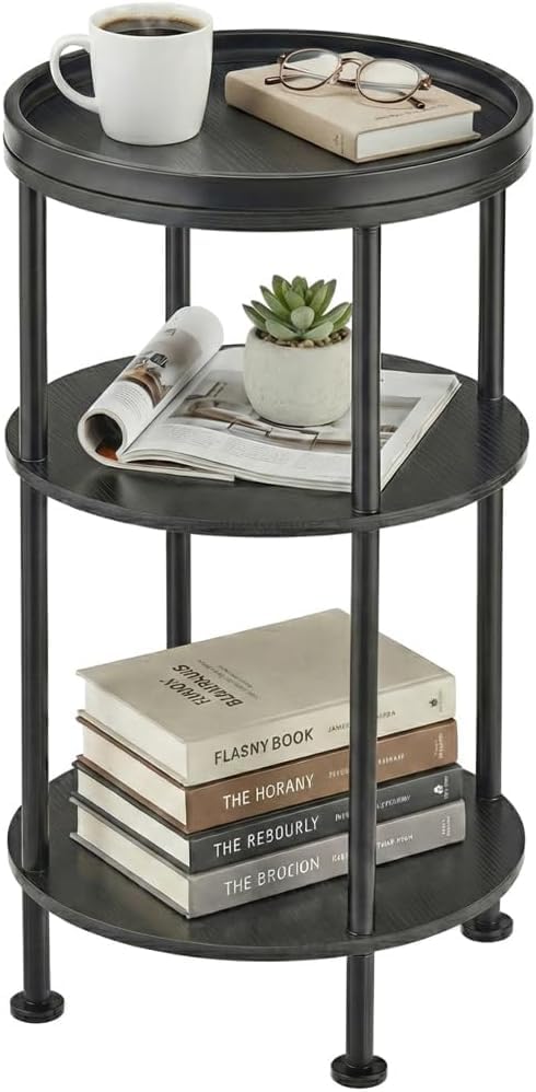 YEAKOO Nordic End Table, 3-Tier 30cm Round Side Table with Storage Shelf Edge Protection Tray, Sturdy Metal Frame Coffee Table Bedside Table for Living Room Bedroom Small Spaces/Black
