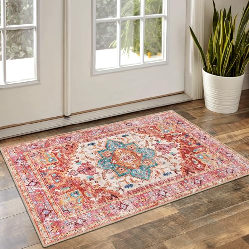 Yamaziot Washable Area Rug, 2x4 Small Entryway Rug Non-Slip Boho Vintage Rug with Rubber Backing, Low Pile Faux Wool Soft Area Rug Floor Carpet for Indoor Door Mat, Kitchen, Laundry Bathroom