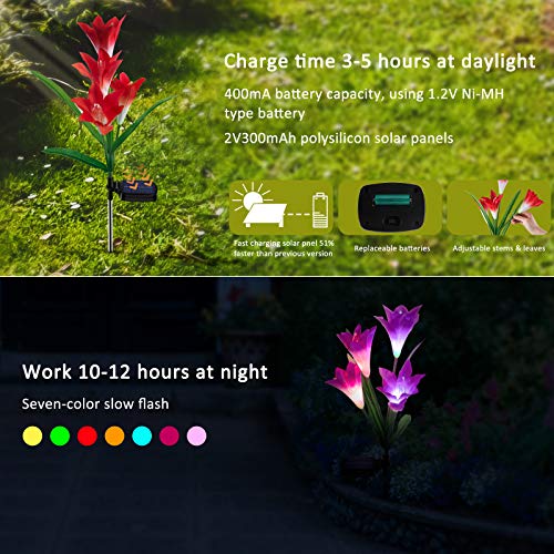 Outdoor Solar Flower Lights - 4 Pack Solar Garden Lights Color Changing with16 Larger Lily Flowers, Waterpoof Solar… - Image 3