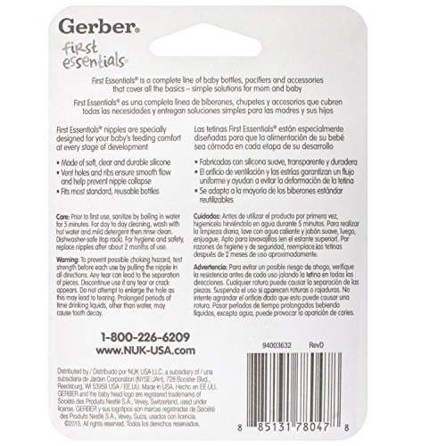 Gerber First Essential 6 Pack Silicone Nipples, Fast Flow