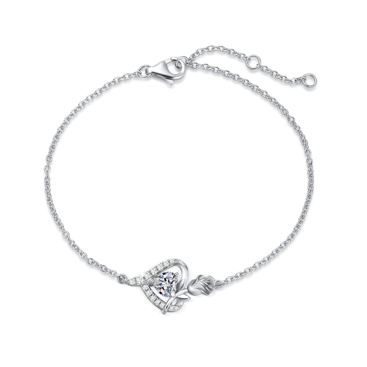 FANCIME Rose Heart Bracelets for Women 925 Sterling Silver April Birthstone Zirconia Bracelet Fine Jewellery Gifts Christmas Birthday Valentine's Mother's Day Present for Her Wife Ladies Mum