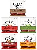 Dukes Smoked Sausages 5 Flavors 7 G protein - Original Recipe 5 oz, Hot & Spicey 5 oz, Hatch Green Chile 5 oz, Tomato & Basil 4 oz, Cajun style Andouille 5 oz