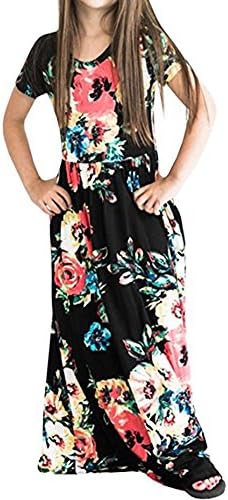 COONITA Girl's Maxi Floral Dress Flower Printed Side Hand Pocket Empire Waist Long Skirt Dresses