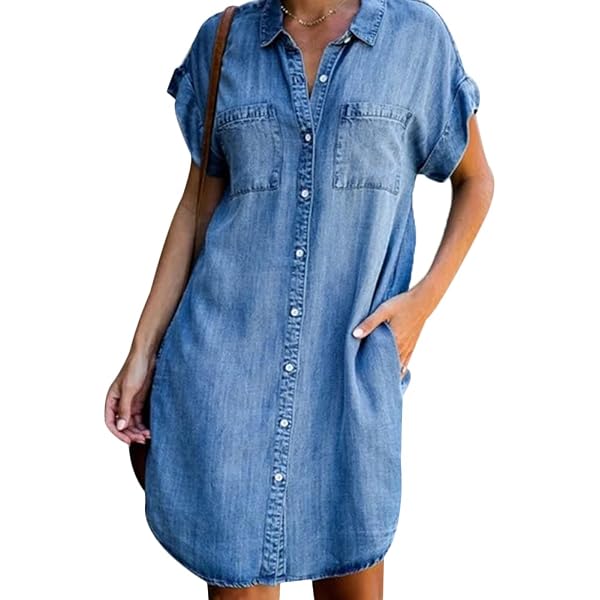 ripped denim shirt dress Women's Long-Sleeve Denim Shirt Dress in Medium Wash | Size S TALL