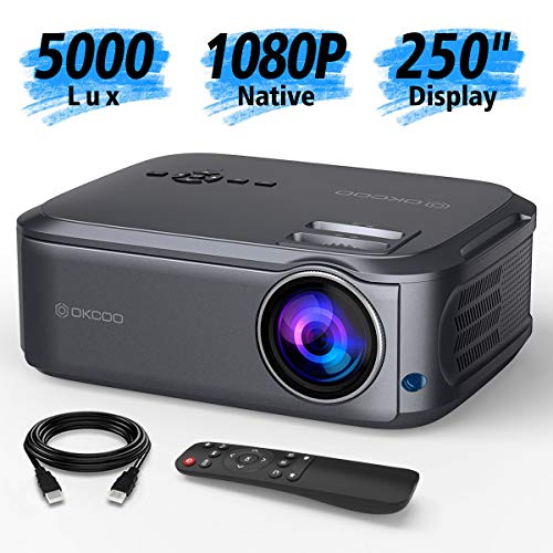 OKCOO Native 1080P Full HD Video Projector, 250″ Display 5000Lux LCD Projector for Home & Business Presentation, Compatible with PC, Laptop, Tablet, TV Box, PS 3/4, HDMI, VGA, USB, DVD, Gray