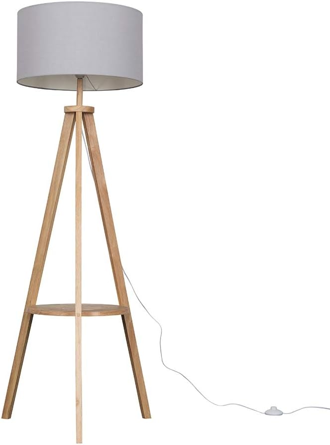 Modern Light Wood Tripod Design Floor Lamp with Storage Shelf & Grey