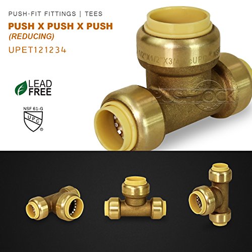 Everflow Supplies Pushlock UPET121234 1/2 Inch x 1/2 Inch x 3/4 Inch Long Push Tees Push-Fit Fittings, Made W/ Lead Free DZR Forged Brass, Connect PEX, CPVC & Copper, Pre-Lubricated Quick Installation