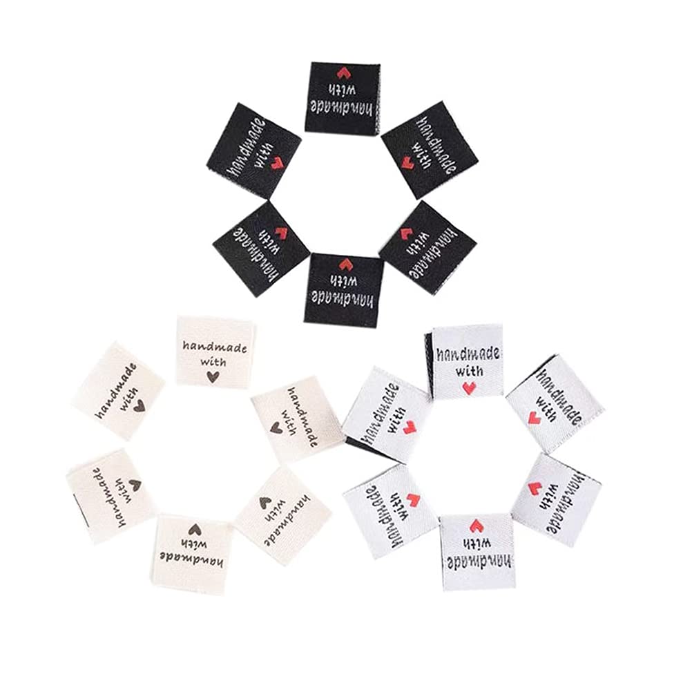 MiaLover Pack of 60 Handmade Fabric Label Tags, Sew-On Clothing Labels, With Love, for Sewing, DIY Clothing, Decoration, Three Styles (Light Yellow, Black, White)