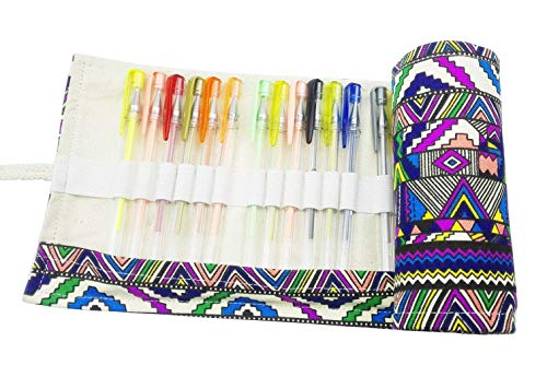 Hz.Codelo Canvas Colored Gel Ink Pens Case Wrap Roll Pouch,Travel Multi-purpose Holder Organizer Hold for 60 Gel Pen,Ultra Fine Permanent Markers (No Pens Included)-Bohemian