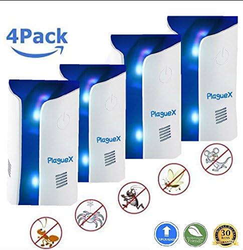 PlagueX Ultrasonic Electromagnetic Pest Repeller (4 Pack) Plug in Pest Control Mosquito Repellent for Mice, Rats, Bugs, Spiders, Roaches, Flies, Ants, Fleas Humans &amp; Pets Safe by FREE Rug w/4pk order