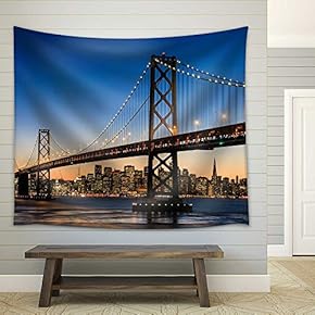 San Francisco Skyline and Bay Bridge at Sunset, California USA - Fabric Wall Tapestry Home Decor - 51x60 inches