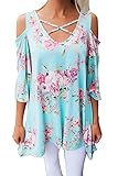 Alvaq Women Fall Sexy Long Sleeve V Neck Cold Shoulder Floral Top Plus Size Party Club Blouses T shirt Tunic Blue