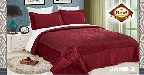 WPM 3 Piece Velvet Bedspread Set Queen or King Size Bed Bedding with Pillow Cases (Jane 2-Burgundy, King)