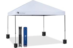 KUZNAP 12’x12’ Pop up Canopy Tent Patented EZ Set up Instant Outdoor Canopy with Wheeled Carry Bag Bonus 4 Weight Sandbags, 8 Stakes and 4 Ropes，White