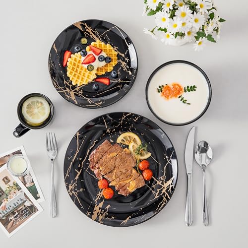 LOVECASA Daphne - 6 Person Dinner Set Plates, Modern Complete Porcelain Tableware, 24 Pieces (Flat Sides, Dessert Bowls, Cereal Bowls, Cups) - Black & Gold Design
