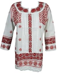Womens Tunic Dress Cotton Lace White Red Embellished Top Blouse