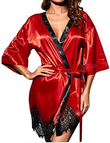 TUDUZ Women Soft Silk Kimono Dressing Gowns Ladies Comfortable Lace Lingerie Bath Robe Babydoll Nightwear
