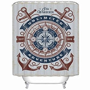 Image of Alfredon Shower Curtains Vintage Unlimited Adventure Typography Tshirt Label Anchor Signs Symbols Nautical Waterproof Mildew Resistant 66 x 72 Inches Polyester Fabric Bath Bathroom Curtain