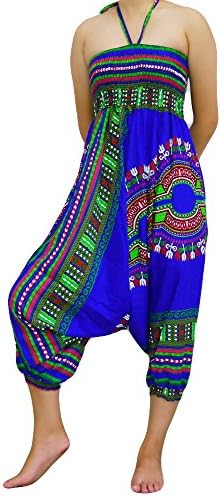 Loongcha Loong Cha's Unisex 2 Type Harem Jumpsuit pants,Fine Art Print Smocked Waist &amp; Jump leg Version : I Jungo Blue