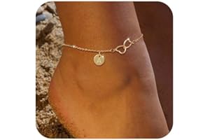 BVUEM Ankle Bracelets for Women Waterproof,14K Real Gold Plated Initial Anklet Dainty Letter Heart Ankle Bracelets Handmade Adjustable Chain Anklet Summer Beach Jewelry