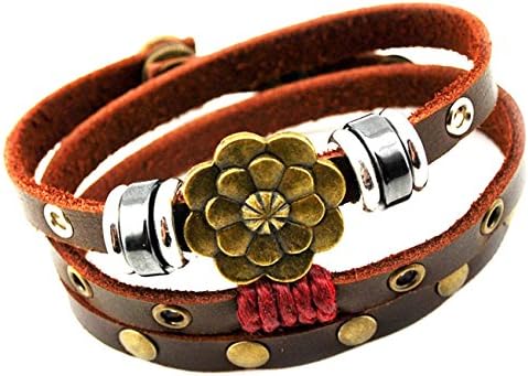 Vintage Brown Lucky Lotus Flower Multilayer Leather Snap Button Wrap Bracelet,22 "