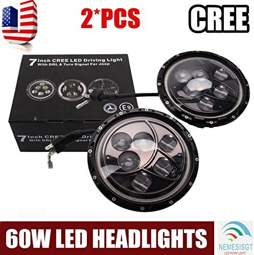 2x 7" 60W CREE LED Projector Headlights, High Low Beam with Full Halo Angel Eyes, White DRL for 1997-2016 Jeep Wrangler JK, TJ, LJ, Sahara Rubicon