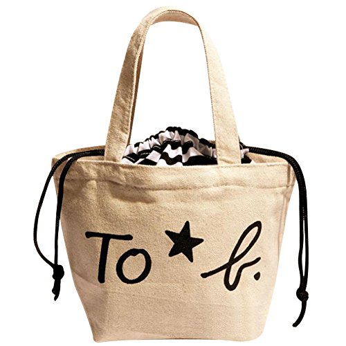 Generic Canvas Lunch Tote Bag Letter Print Drawstring Food Bag Travel Picnic Box Container Handbag (Beige)