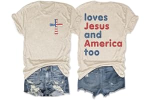 GAQEUWR 4th of July T-Shirt for Women, Loves Jesus and America Too Shirt, Red White and Blue Shirts Independence Day Top